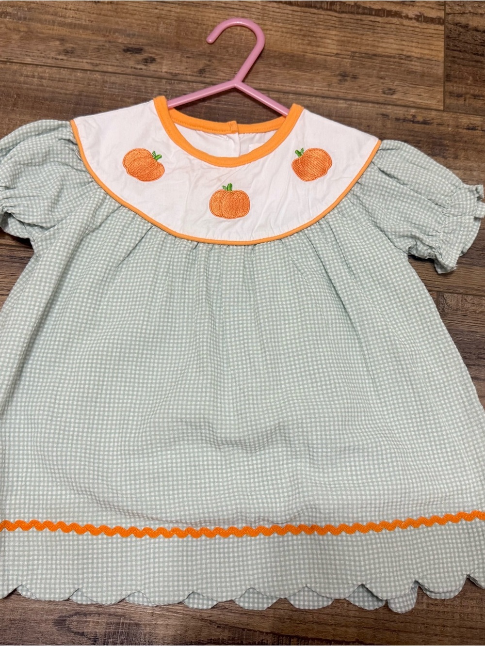 Kids Pumpkin Embroidered Green Gingham Dress